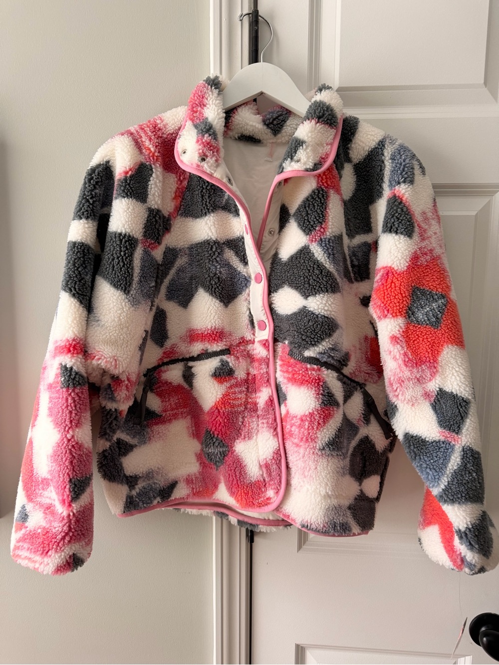 Free People Pink, Gray & White Sherpa Puffer Jacket